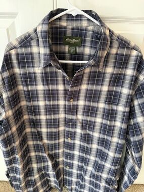 Eddie Bauer Navy and White Plaid Button-Down Shirt